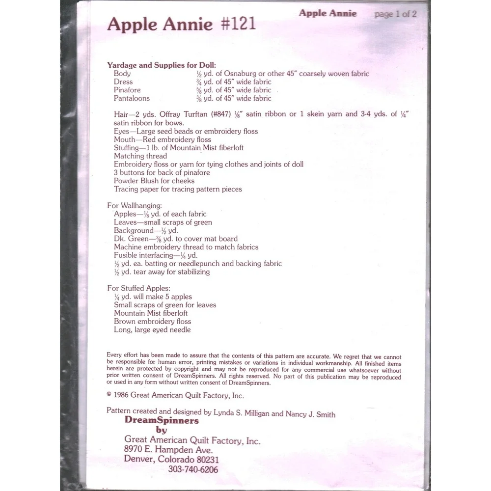 Vintage 1986 DreamSpinners Apple Annie Doll Pattern 121 Great American Quilt Co‎